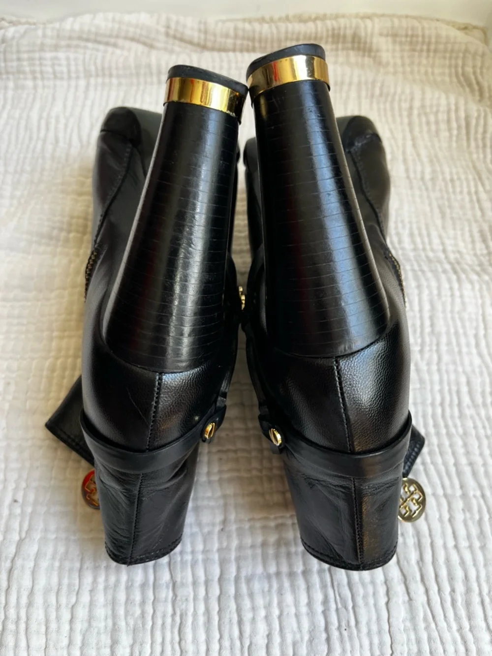Tory Burch Black Gold Whitney Heeled Logo Ankle Boots Booties Size 10